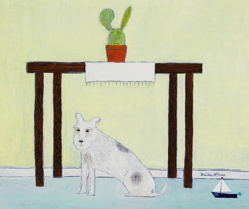64 § SHEILA MCINNES (SCOTTISH 1963-) THE WISE DOG Signed and dated '96 lower right, mixed media on panel  24.5cm x 29.75cm (9.75in x 11.75in)  Estimate £300 - £500